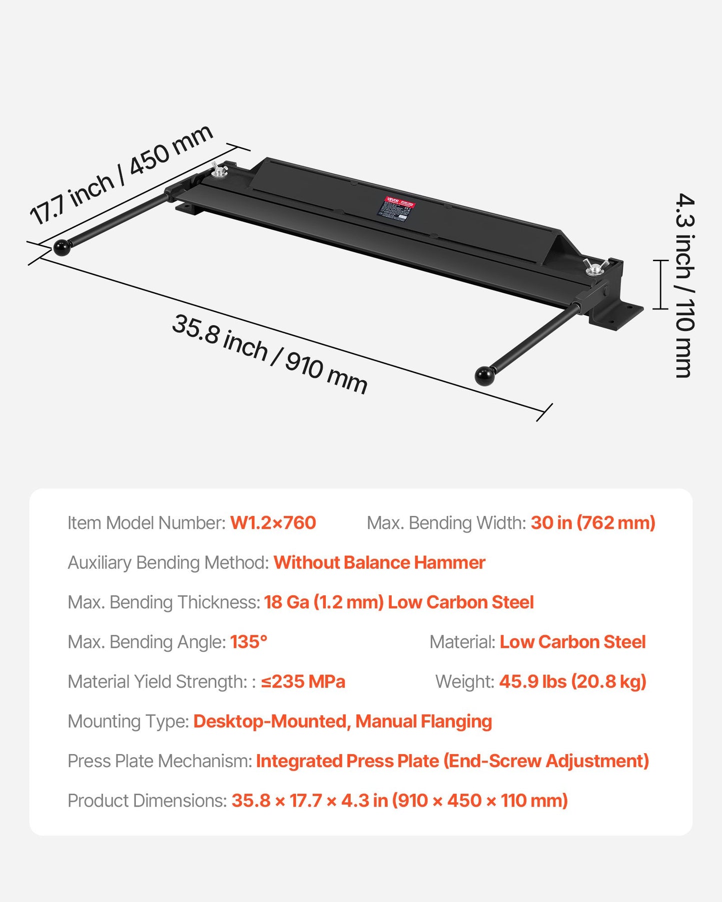 30-Inch Sheet Metal Bending Brake - Adjustable 0-135° Heavy-Duty Metal Folder