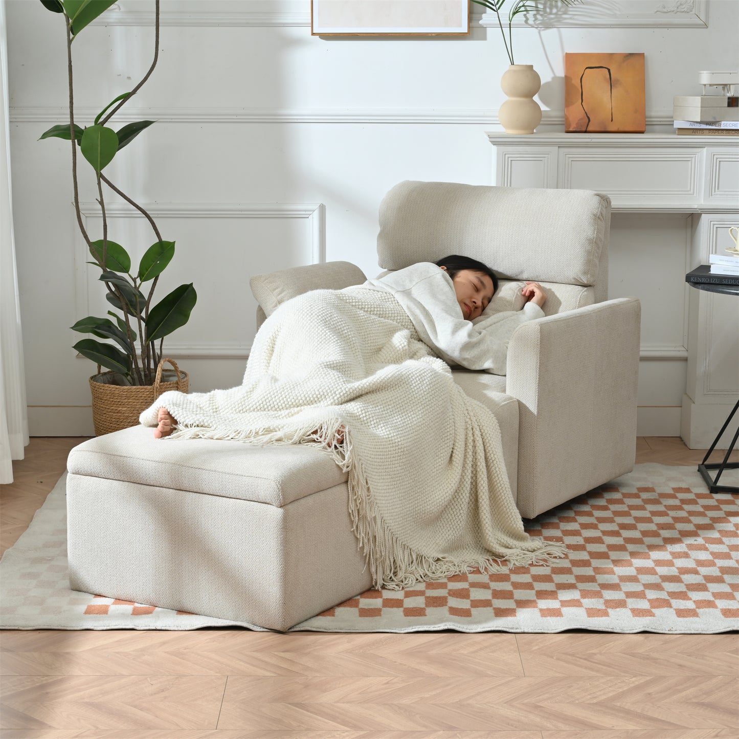 Oversized Accent Chair with Storage Ottoman - Beige & Gray