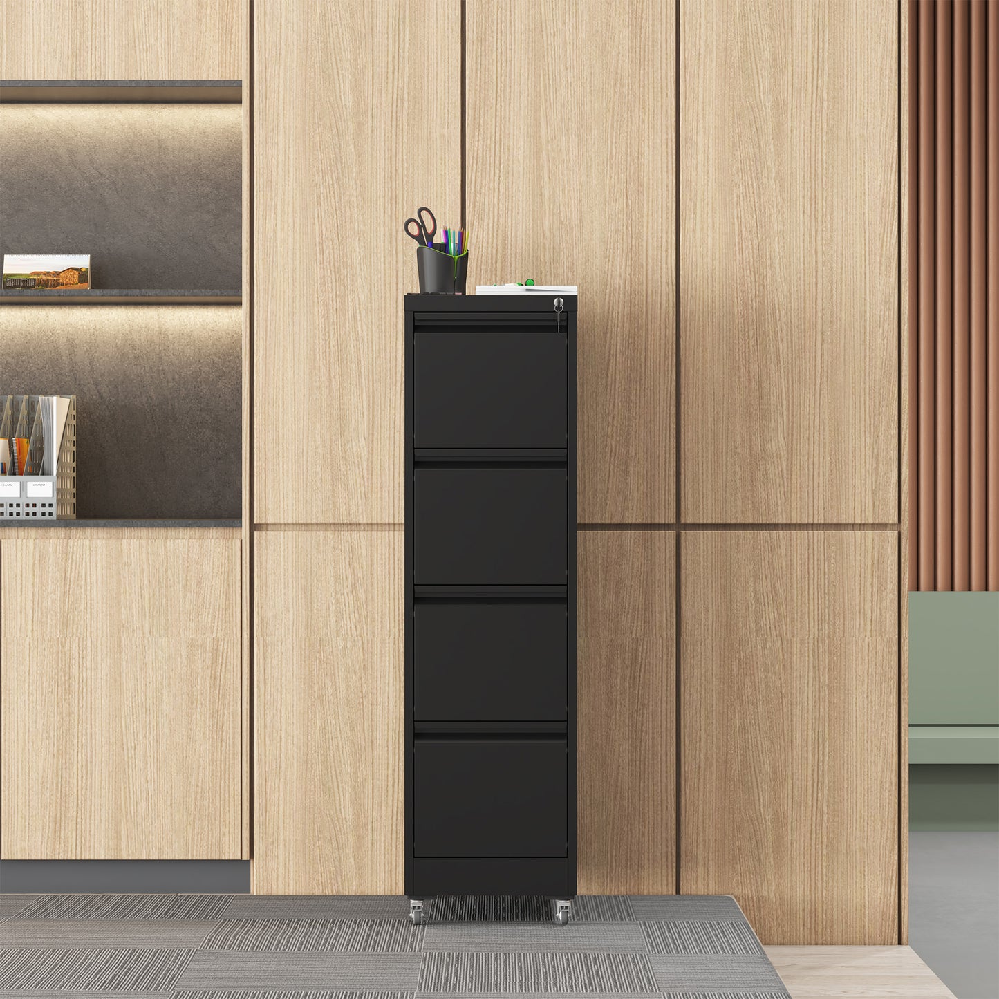4 Drawer Metal Locking Vertical File Cabinet On Wheels -Heavy-Duty