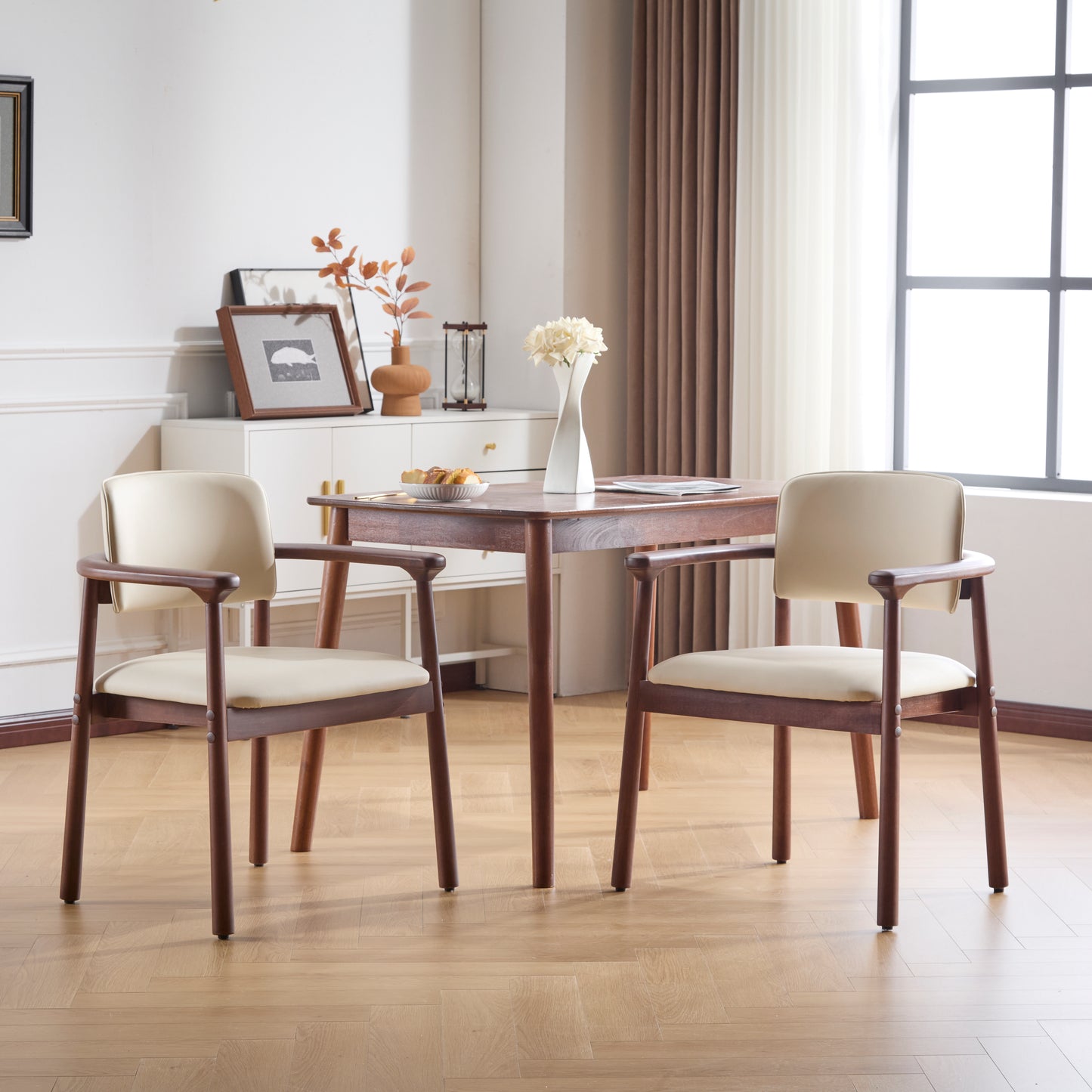 Sturdy Dining Room Chairs - Set of 2, Rubber Wood & PU Foam, Beige