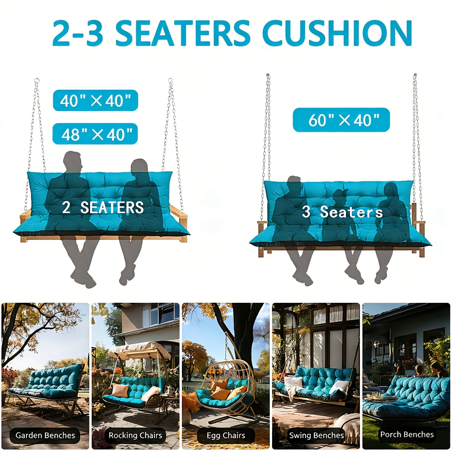 Outdoor Swing Cushions 2-3 Seater Waterproof Bench Pad with Anti-Slip Straps - Multiple Colors