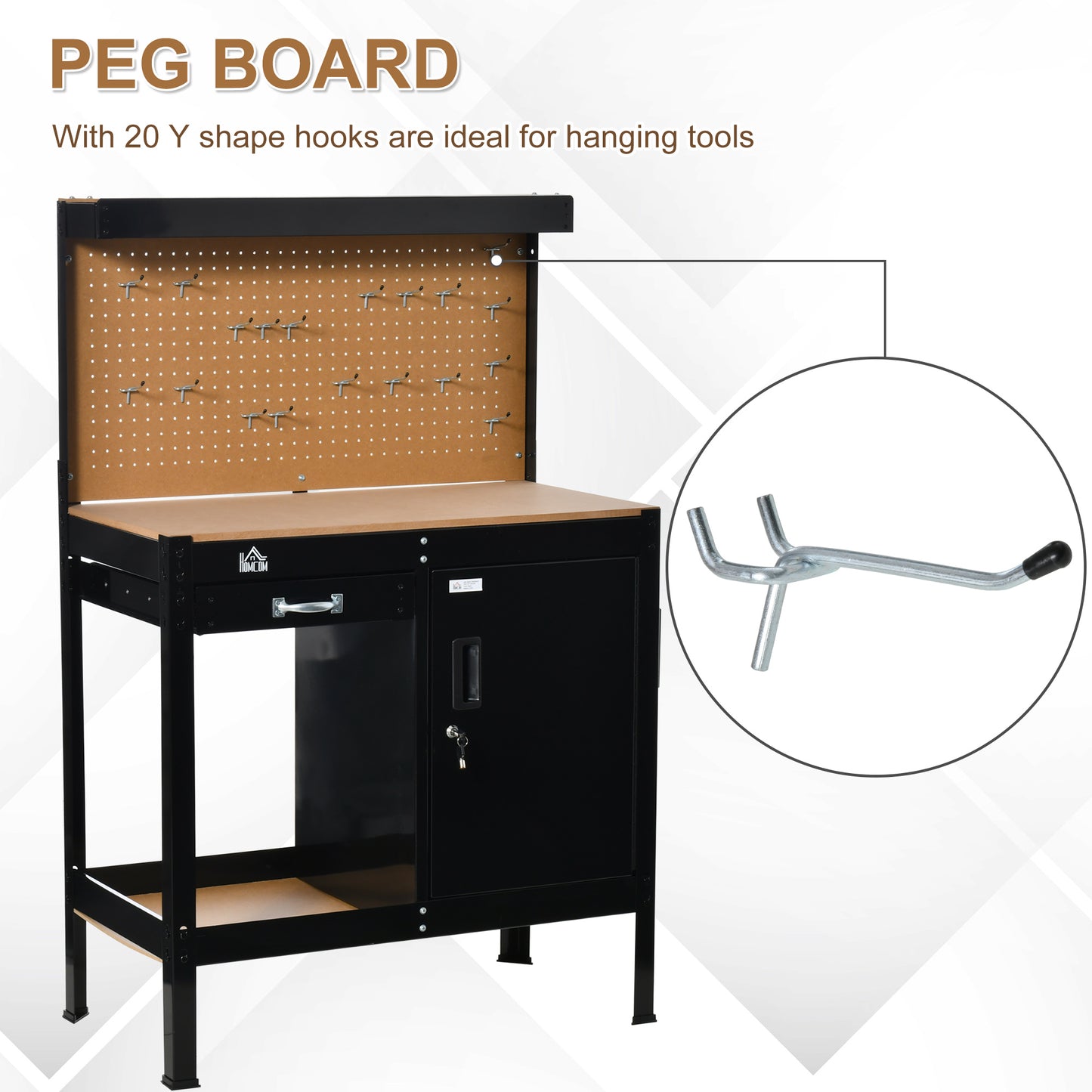 Multipurpose Workshop Workbench with Pegboard Drawer Cabinet Steel Frame Black 1190x580x125mm