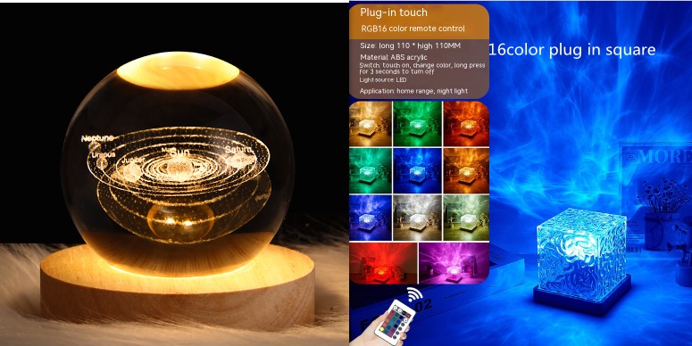 LED Water Ripple Night Light with Remote Control - 16 Color Dimmable Table Lamp