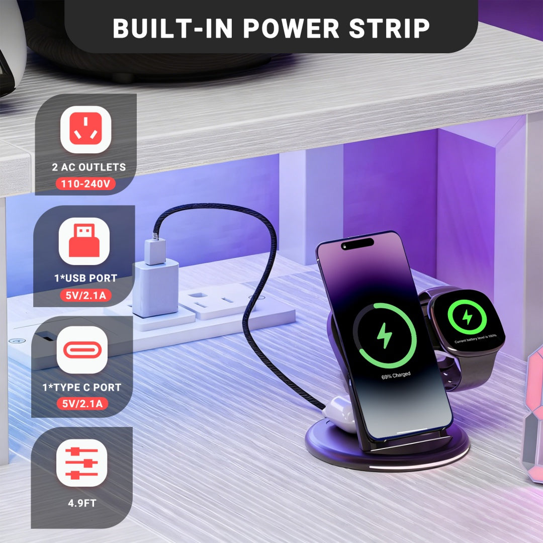 L-Shaped Gaming Table with USB Charging & LED Light