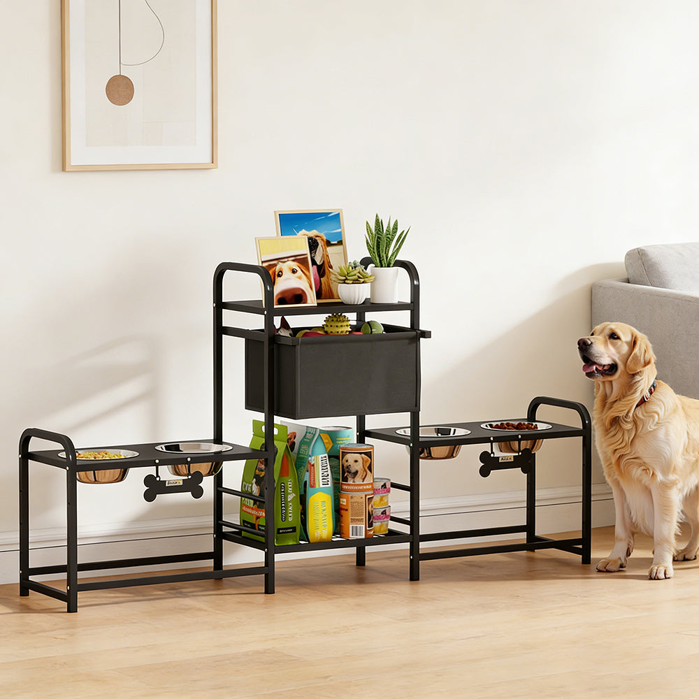 Height Adjustable Dog Bowl Stand with 4 Stainless Steel Bowls and Toy Storage