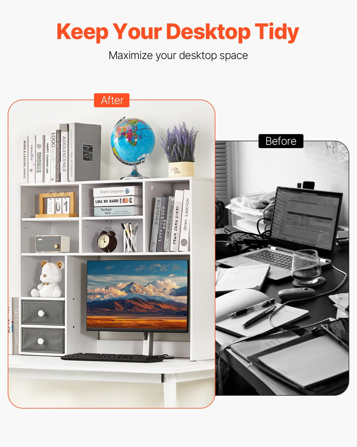 3-Tier Desktop Bookshelf Organizer with Fabric Drawers - White