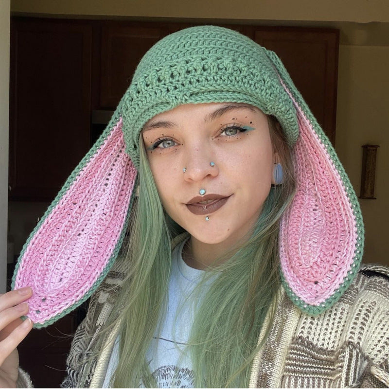 Knitted Rabbit Ear Mask Hat - Funny One-Eye Exposed Horn Thermal & Windproof