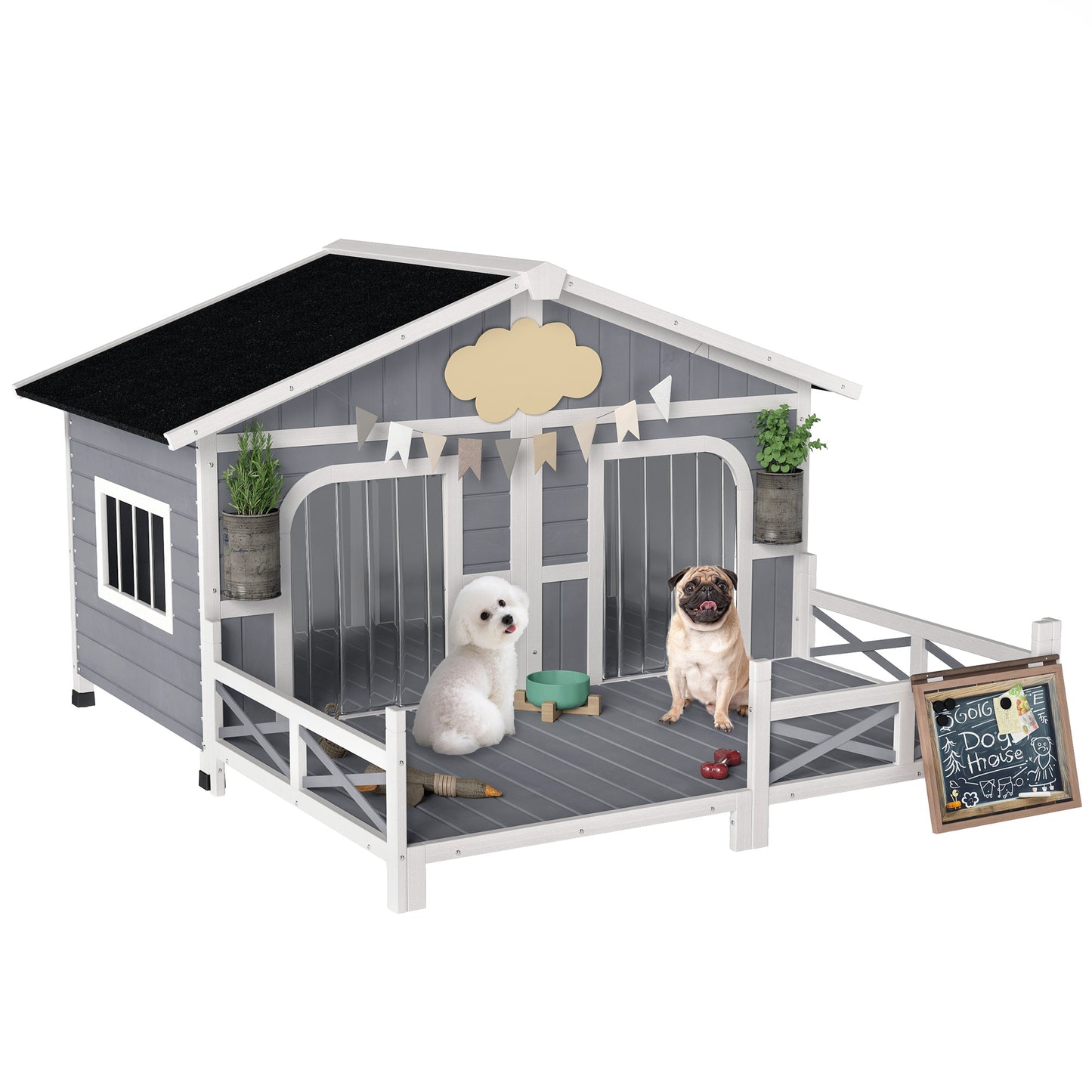 Outdoor Wooden Dog House with Porch & Double Room - Weatherproof Pet Shelter