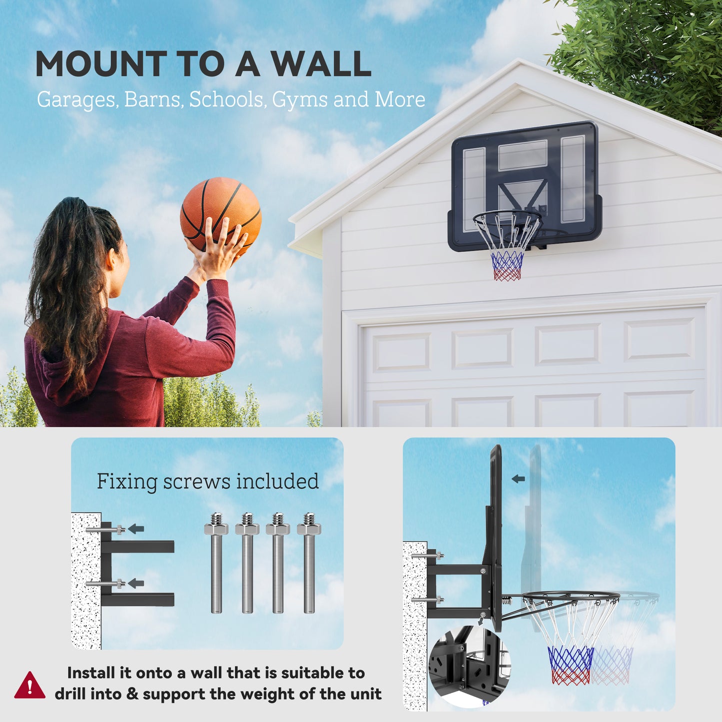 Wall Mounted Basketball Hoop with 43" Shatter Resistant Backboard - Black