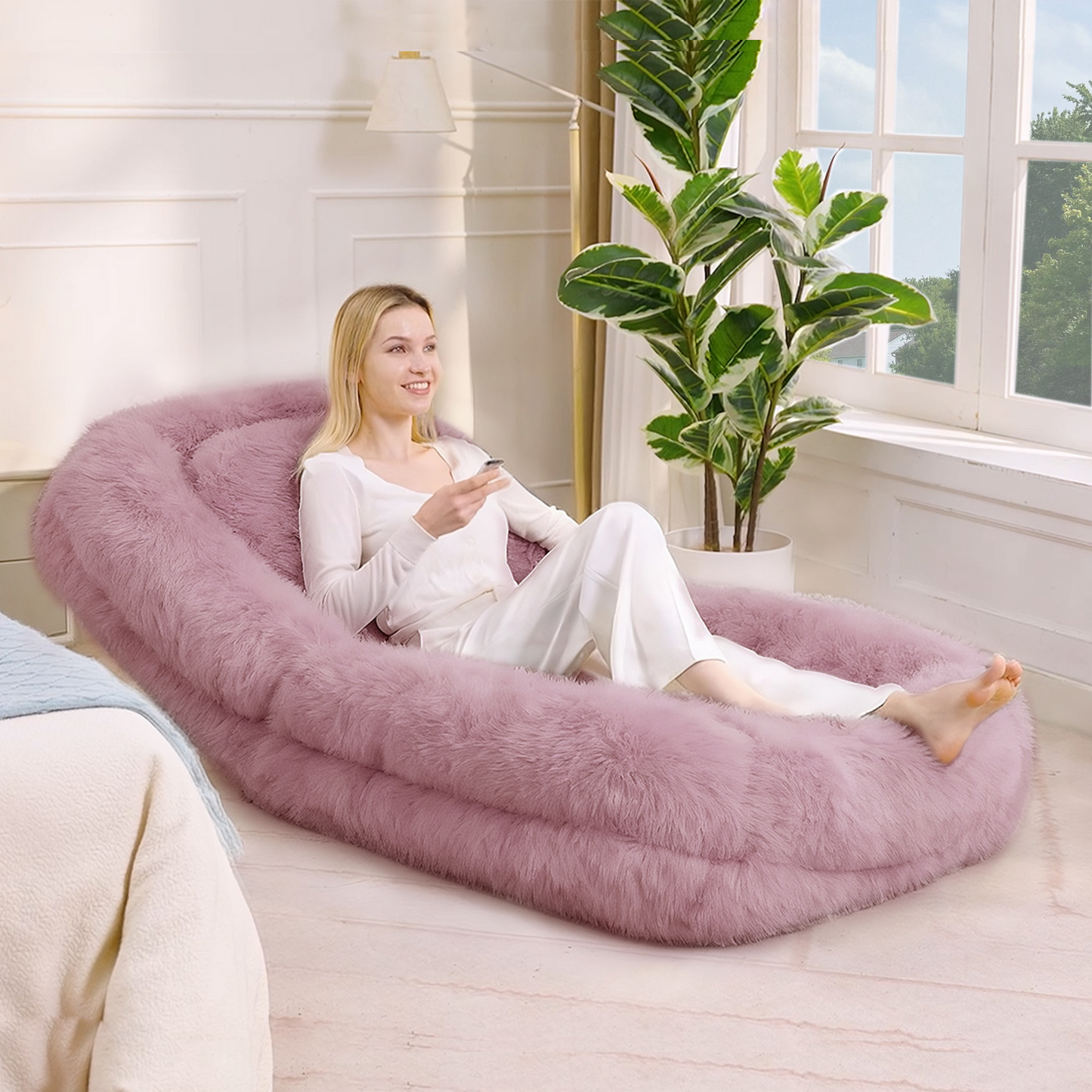 Adjustable Lazy Sofa Bed - Plush Fabric, Pink