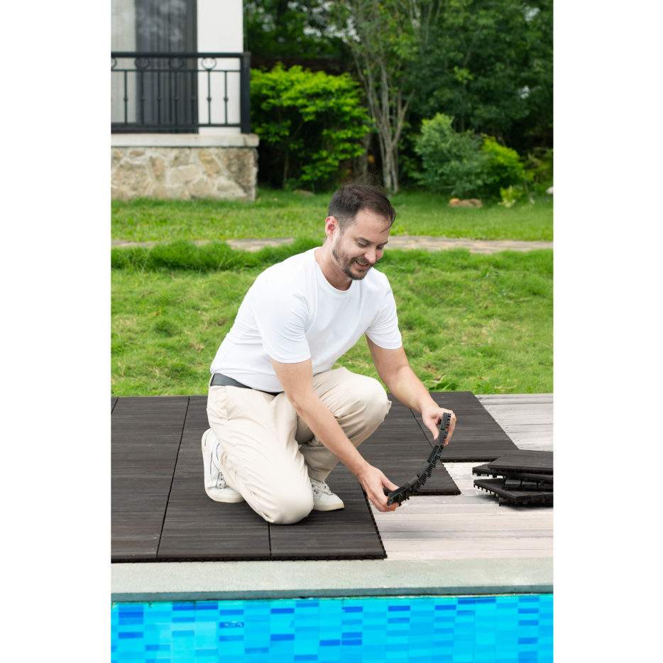 Interlocking Deck Tiles 12x12 Inch Dark Brown Acacia Hardwood Outdoor Flooring - Waterproof & Mold Resistant