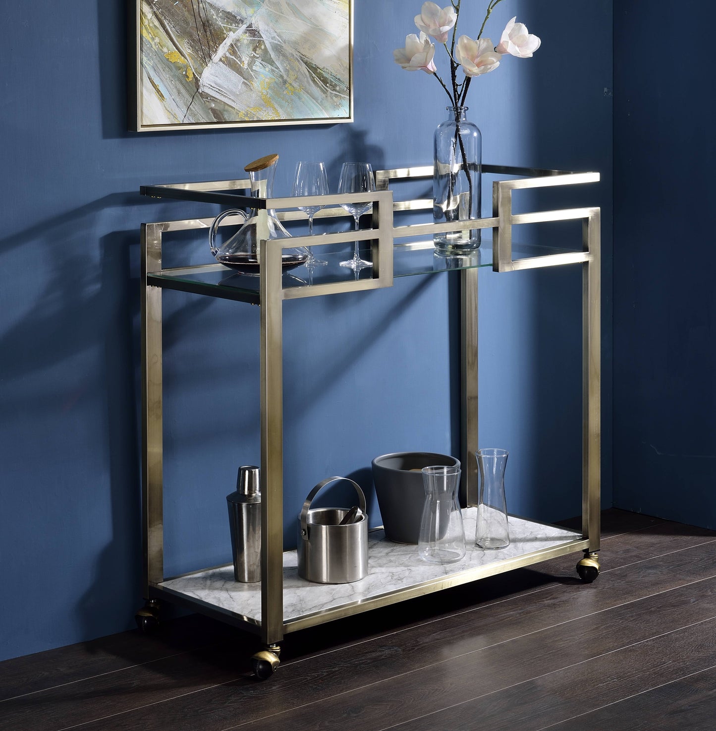 Clear Glass Serving Cart with Faux Marble Top & Brass Finish
