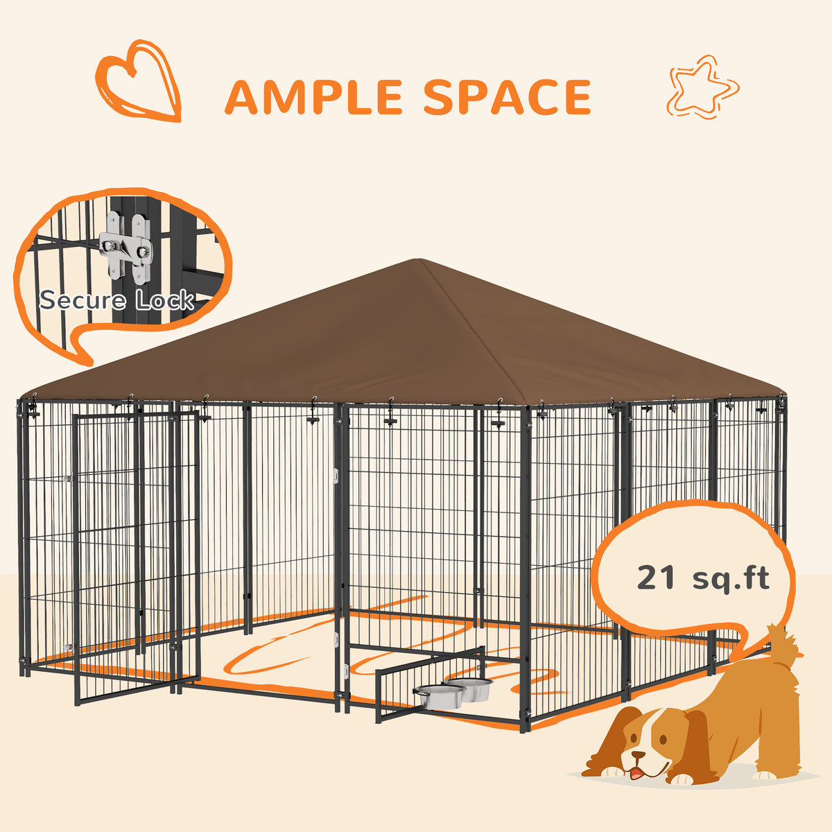 Outdoor Dog Kennel with Canopy - Large Pet Playpen Fence Cage, Coffee