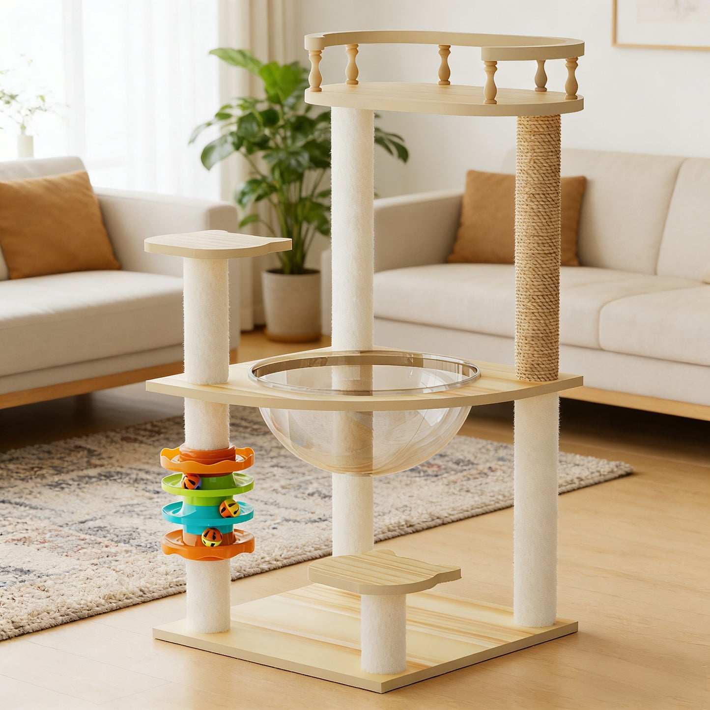 Wood Cat Tower with Sisal Scratching Posts & Top Perch - Modern Cat Tree for Indoor Cats