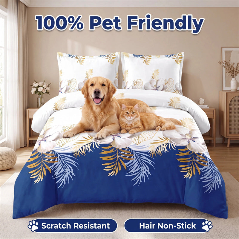 3-Piece Navy Blue & Gold Tropical Floral Duvet Cover Set