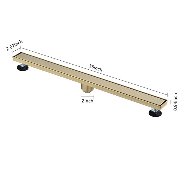 36 Inch Stainless Steel Shower Drain with Removable Cover & Hair Strainer - Brushed Gold