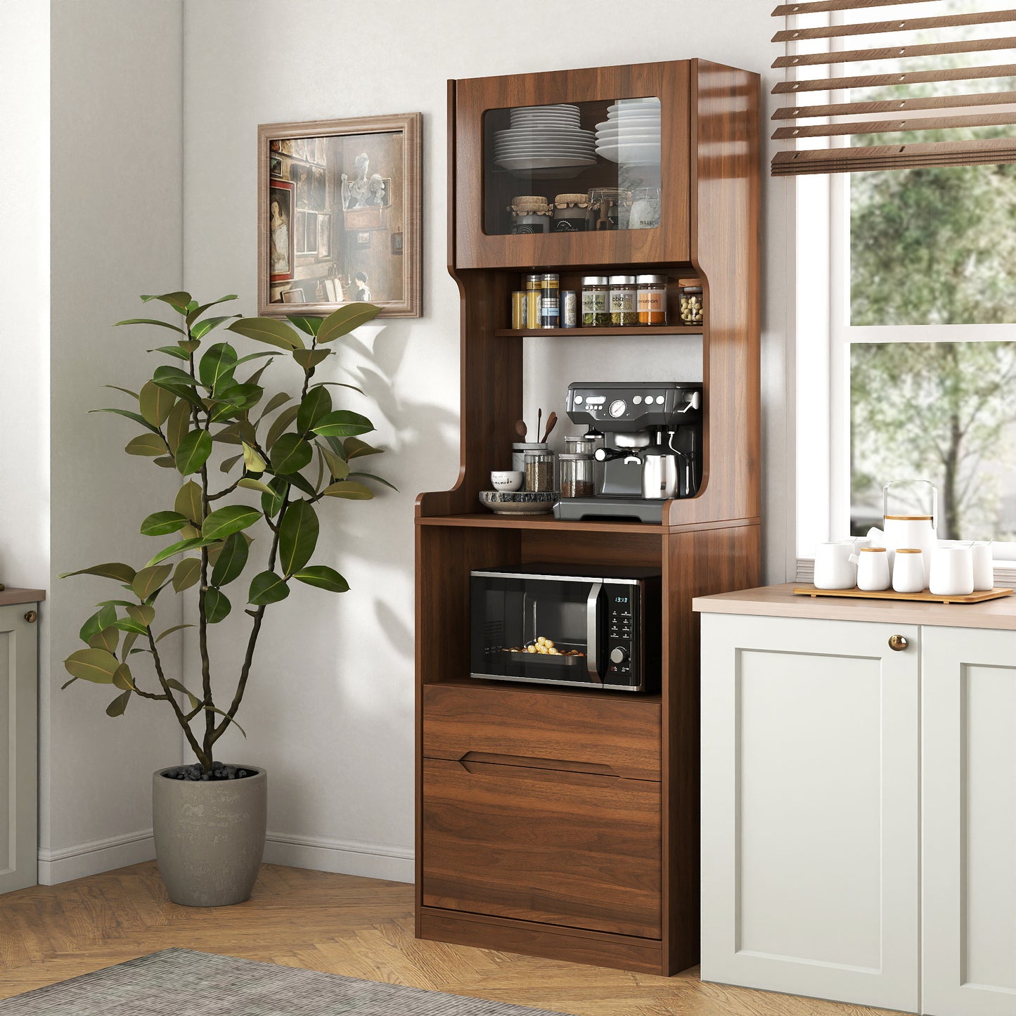 Farmhouse Kitchen Hutch Storage Cabinet with Microwave Stand - Walnut