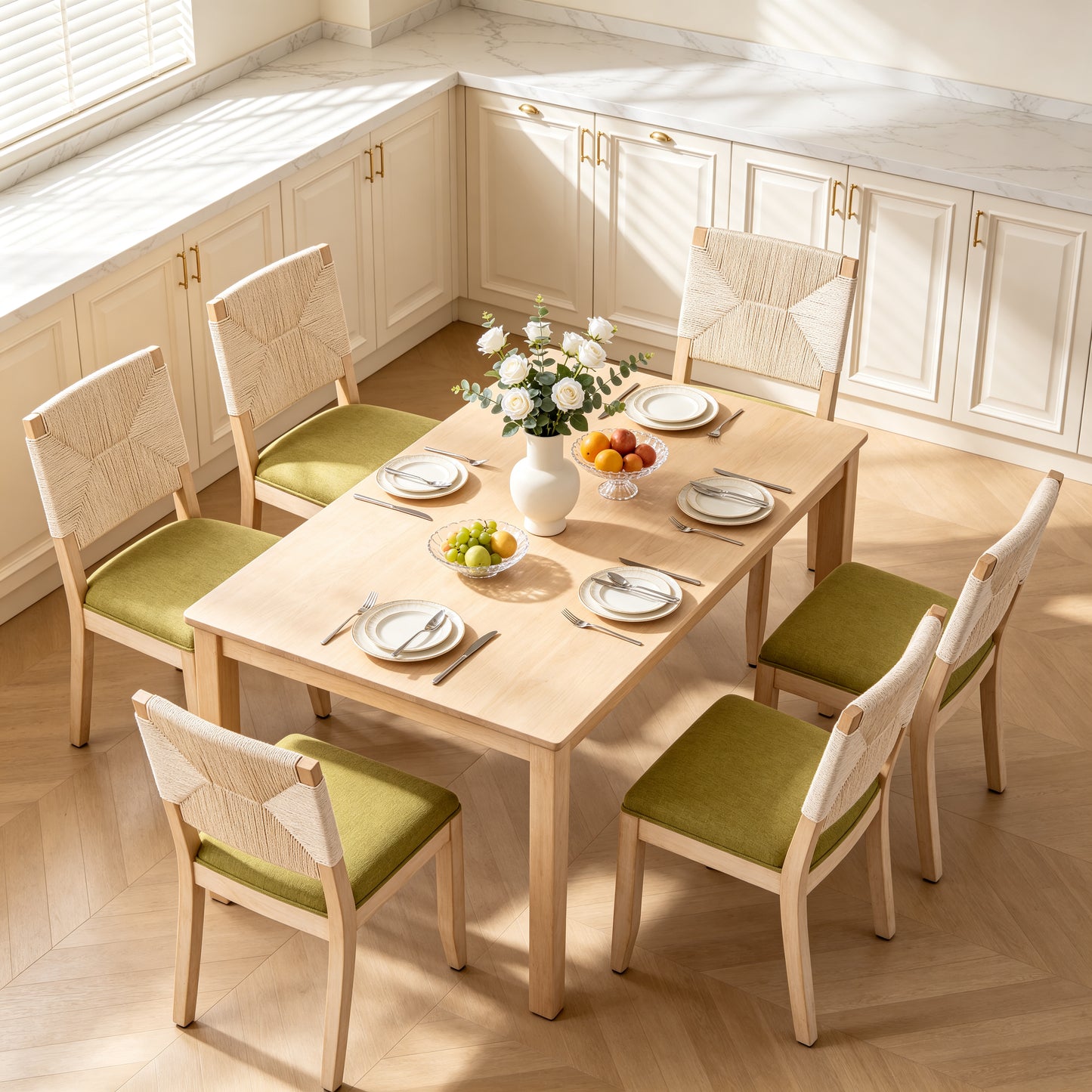 Olive Green Dining Chairs Set of 2 - Woven Back & Linen Seat