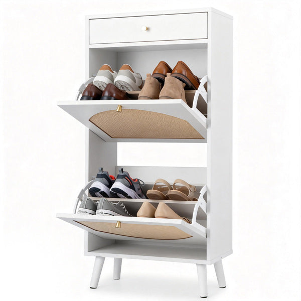 Shoe Cabinet with Drawer and 2 Flip-Top Compartments - White