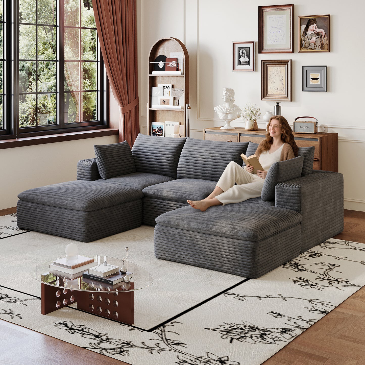 102" Cloud Sofa - Corduroy Fabric, Deep Seat, Removable Cushions, Dark Grey