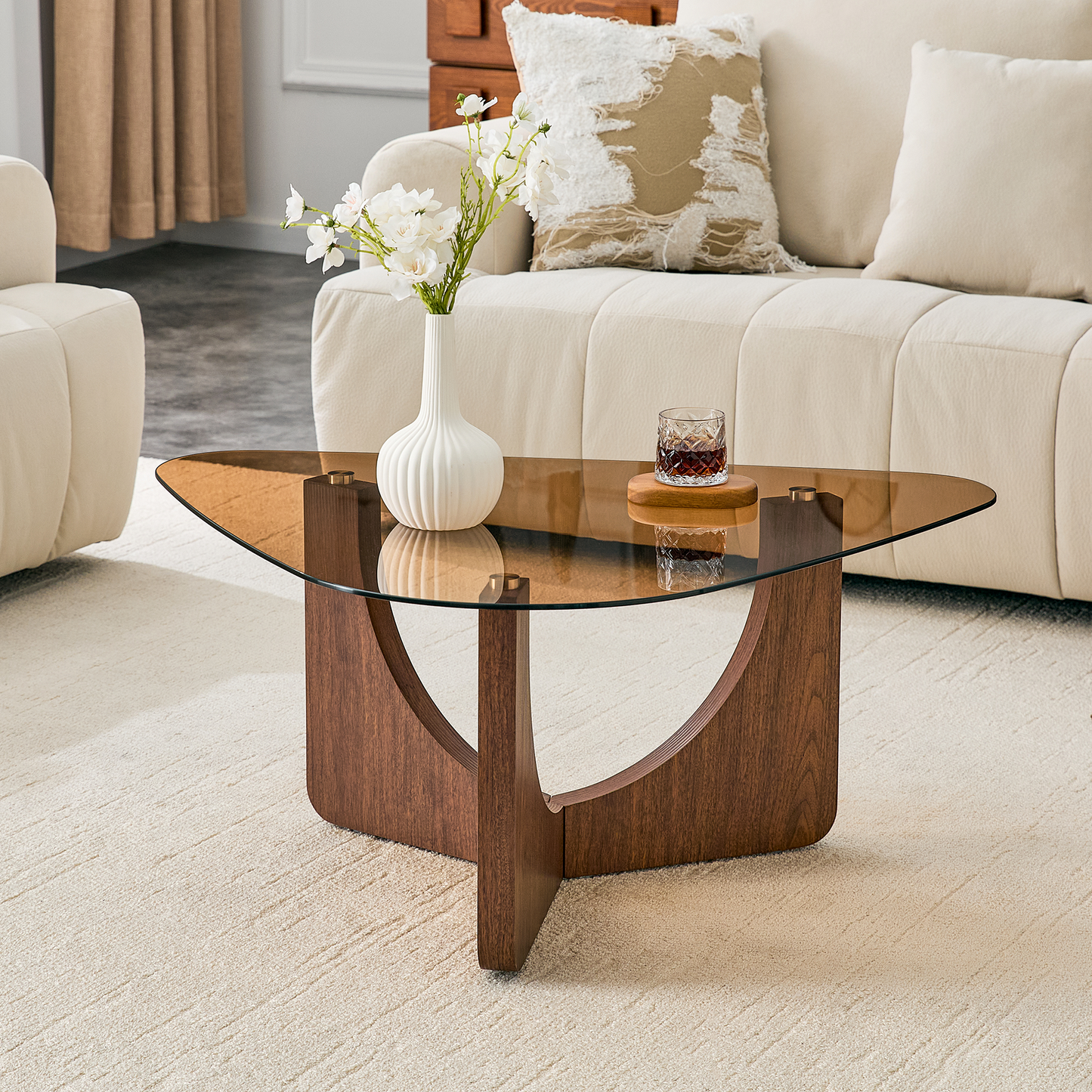 Vintage Triangular Coffee Table with Tempered Glass Top