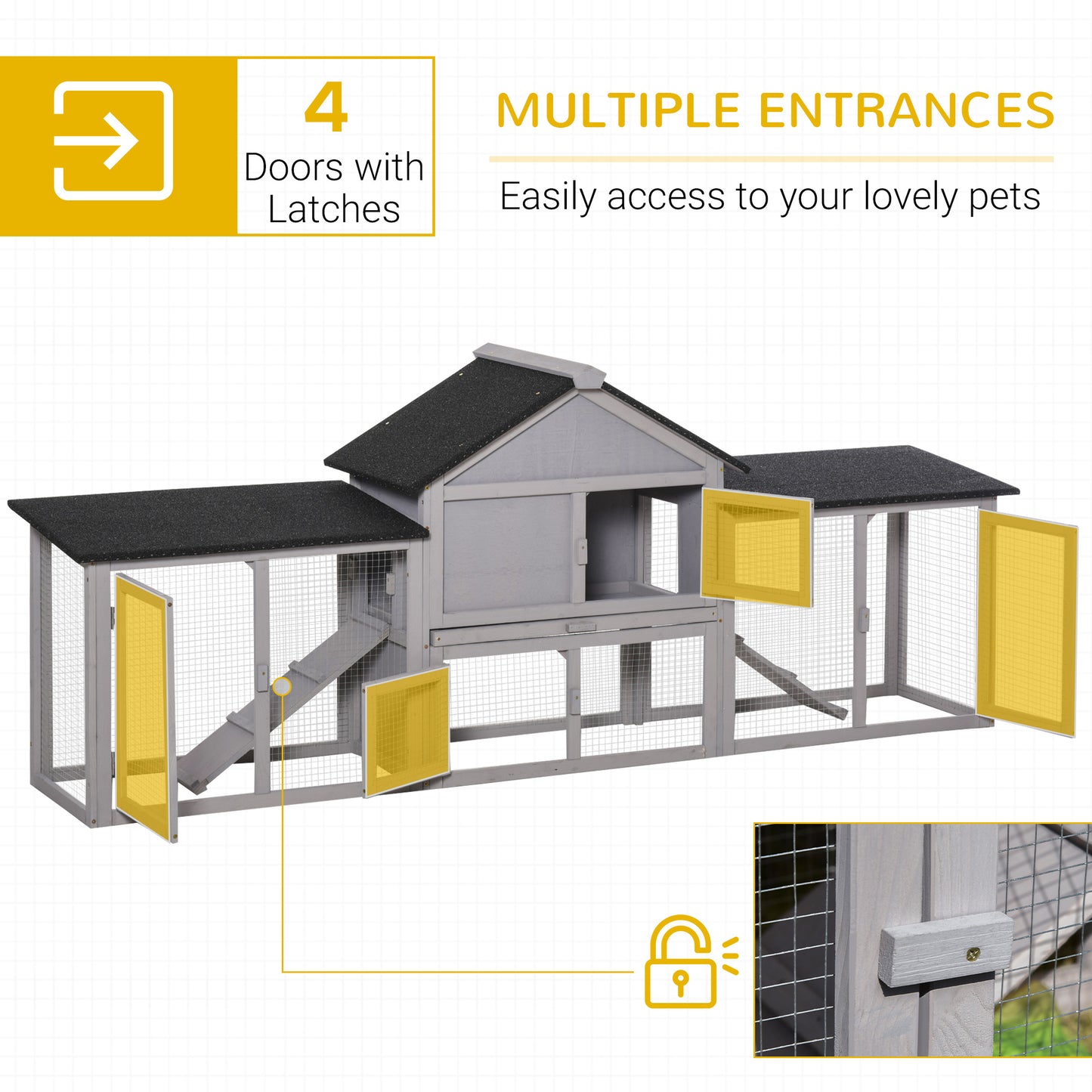 Large Wooden Rabbit Hutch 83 Inch 2-Story Pet House with Run & Ladder - Gray