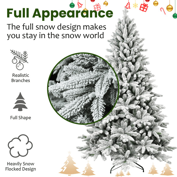 7ft Snowy Flocked Christmas Tree with 1514 Tips - Full Artificial Holiday Decor