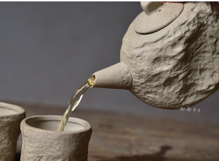 Handmade Ceramic Rock Clay Pot and Cups Set - Kitchen Drinkware