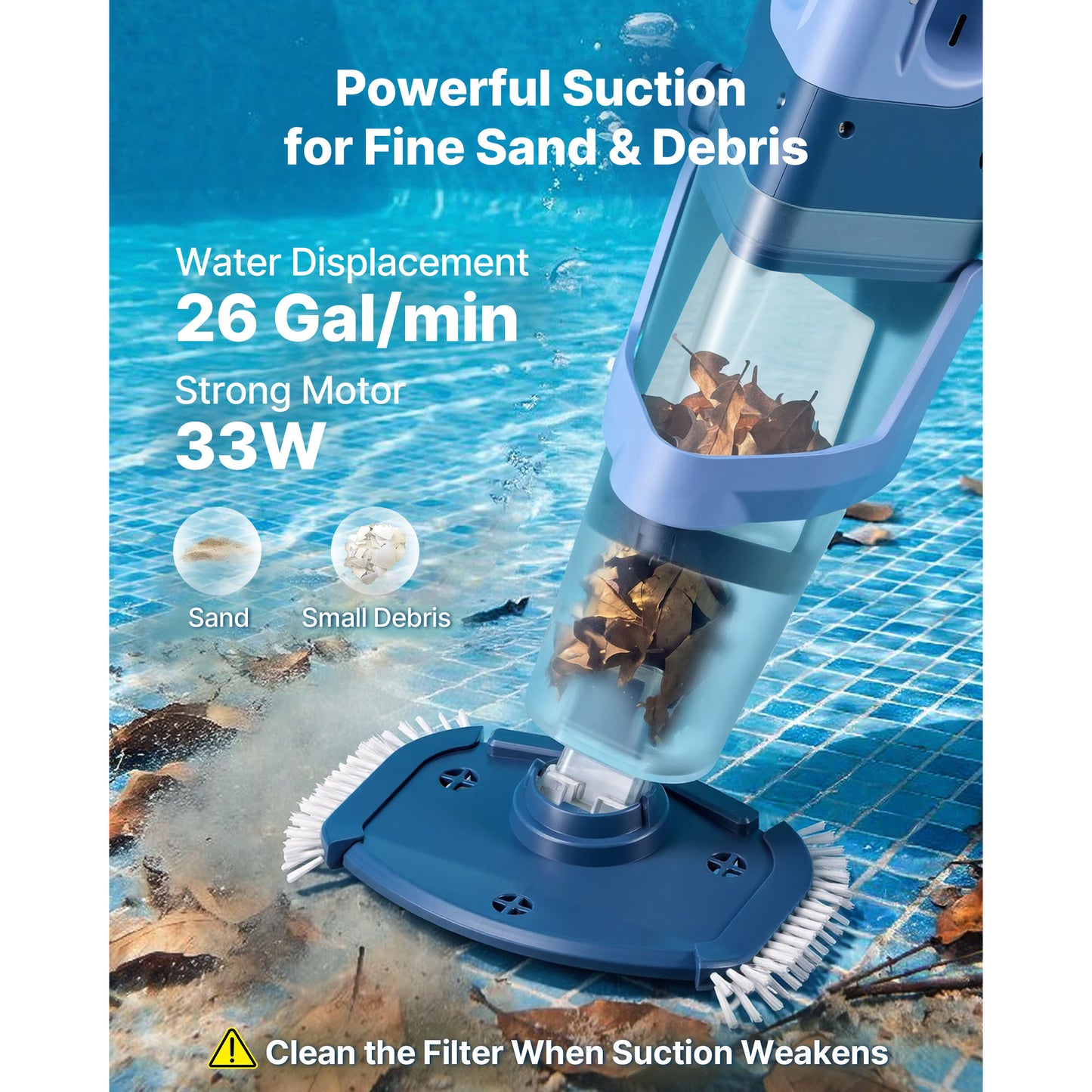 Cordless Handheld Pool Vacuum Cleaner with Extension Pole - 26 GPM, Rechargeable, Leaves & Debris Removal