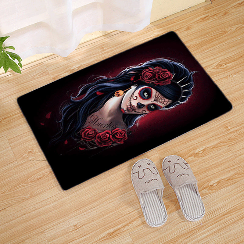 Halloween Flannel Floor Mat Non-Slip Bathroom Door Rug Skull Design