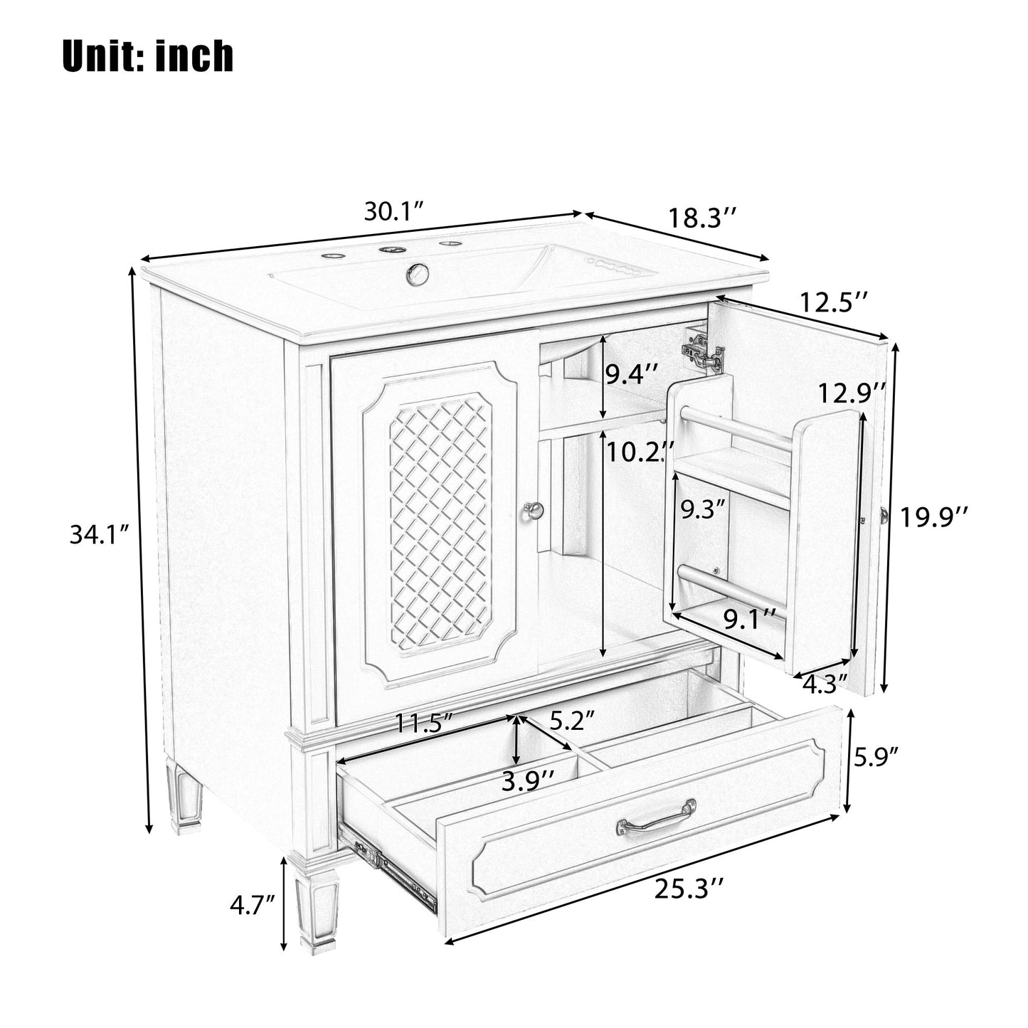 30-Inch Vintage Bathroom Vanity with Sink - Green
