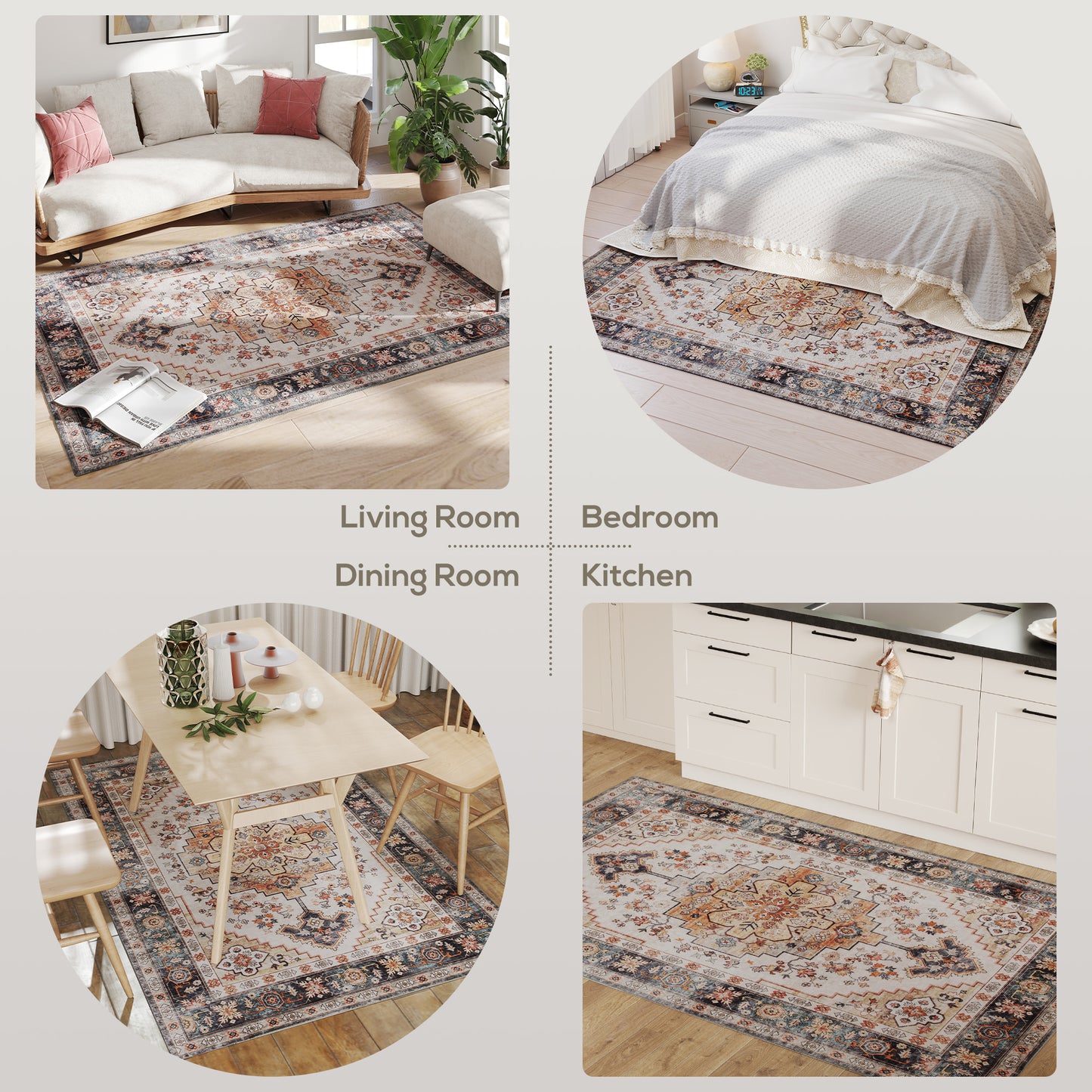 Boho Area Rug 4x6 - Machine Washable Non-Slip Design in Tawny Brown