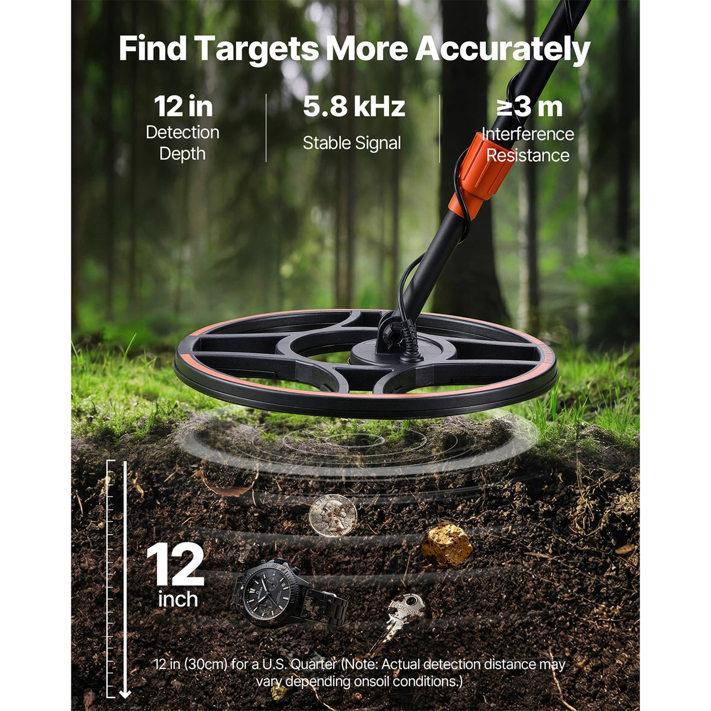 Professional Metal Detector for Adults, Gold & Treasure Hunting, Waterproof IP68 Search Coil, 6 Search Modes, Adjustable Length