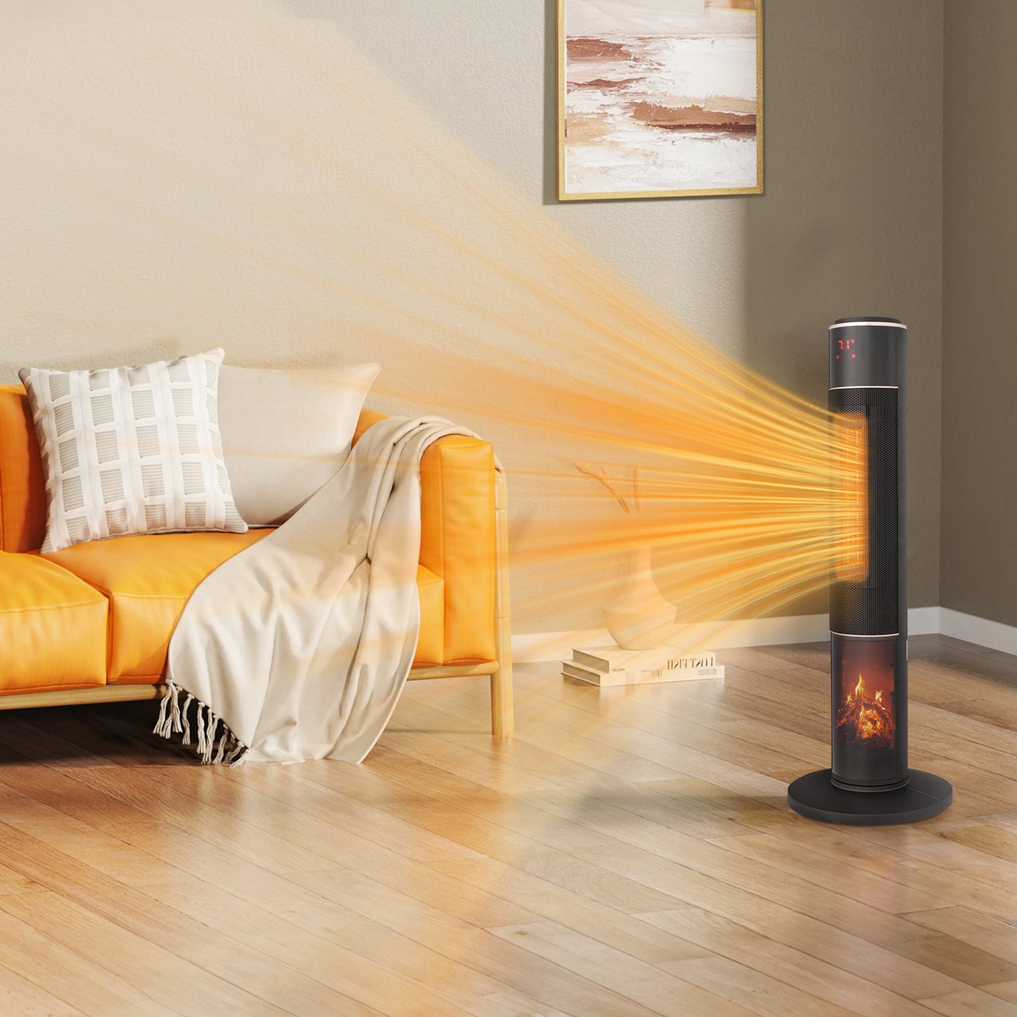 32inch Tower Space Heater with 3D Flame Effect, 1500W Portable Electric Heater with Thermostat, Oscillation, Timer & Remote