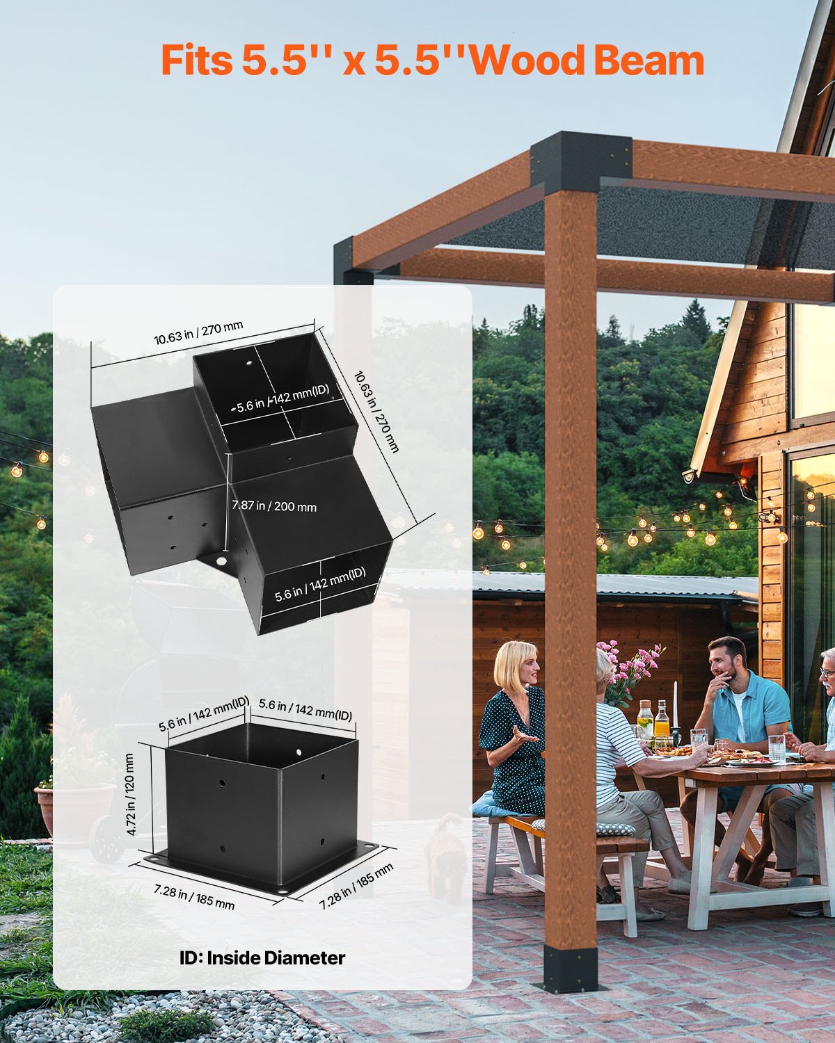 6x6 Inch Pergola Bracket Kit - 3-Way Corner Support for Wooden Beams, Black