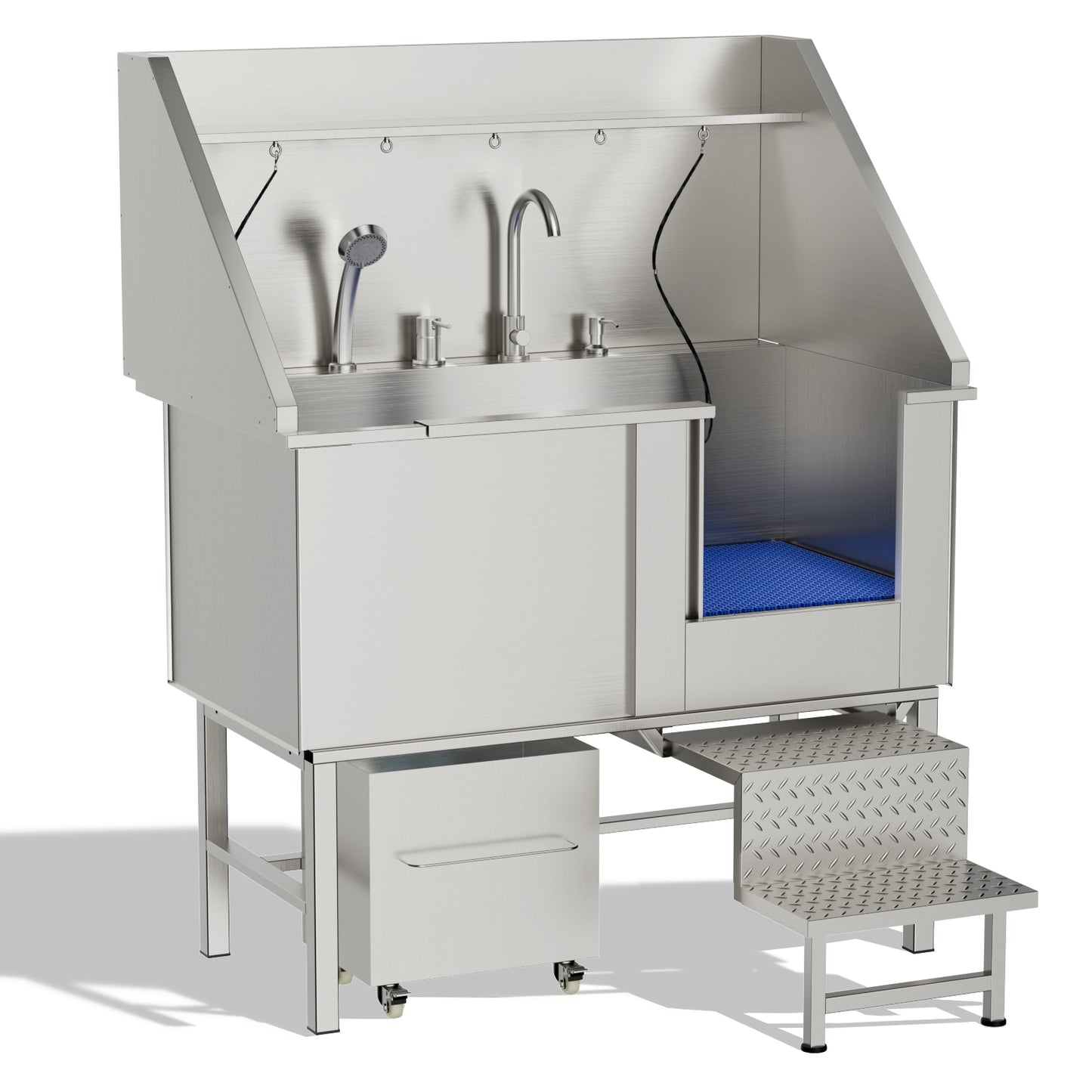 50-Inch Stainless Steel Dog Washing Station with Non-Slip Ramps & Storage