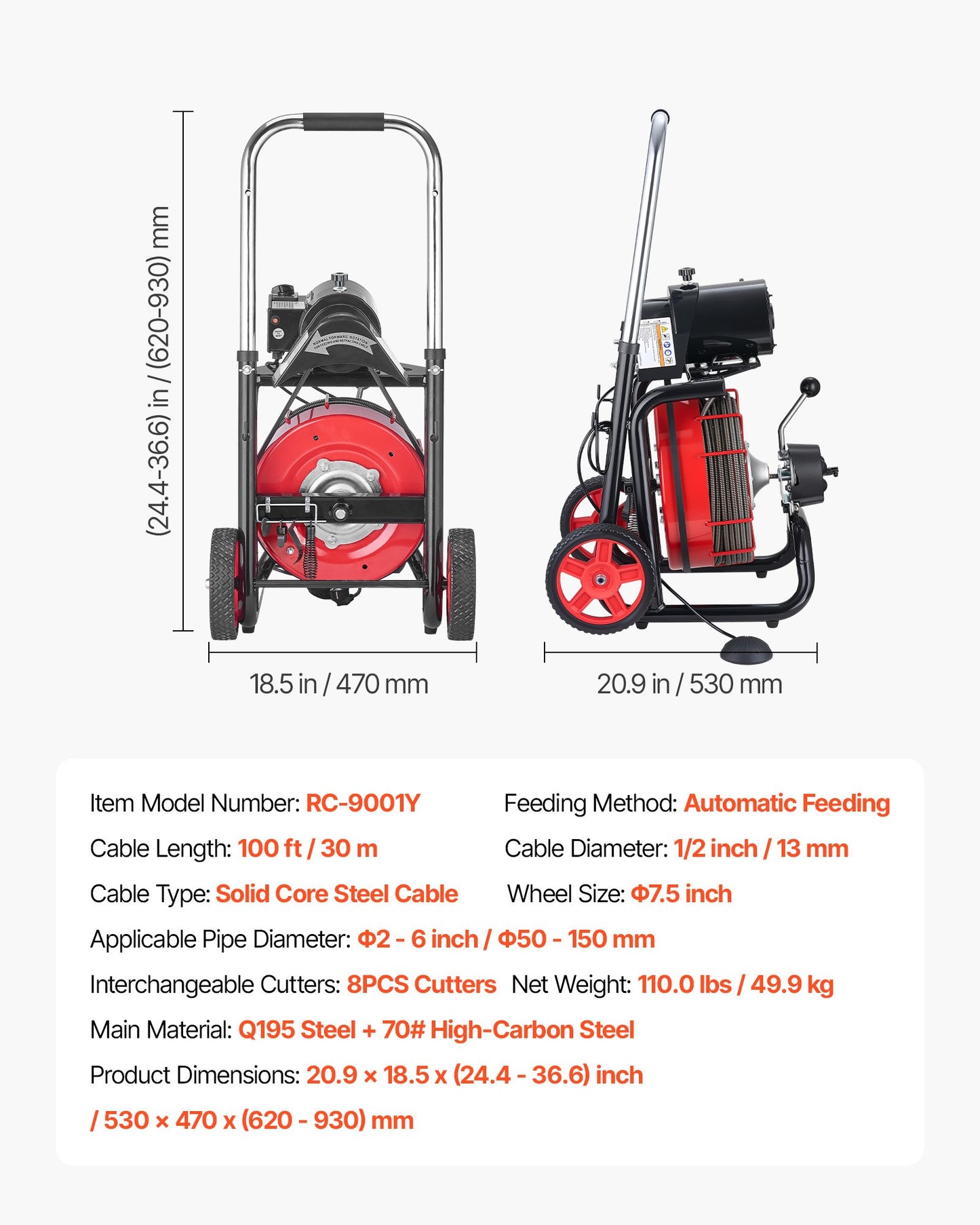 Drain Cleaner Machine 100 FT Steel Cable with Auto Feed & Foot Switch - Fits 2-6 Inch Pipes