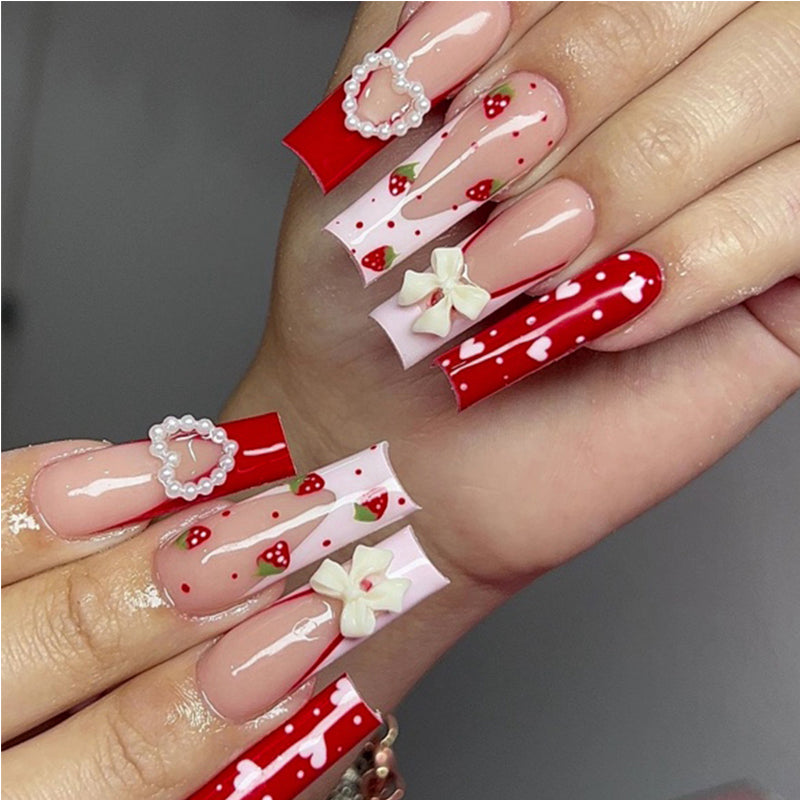 24-Piece Strawberry Bow Press-On Nails - Long Square Fake Nail Tips - Pink
