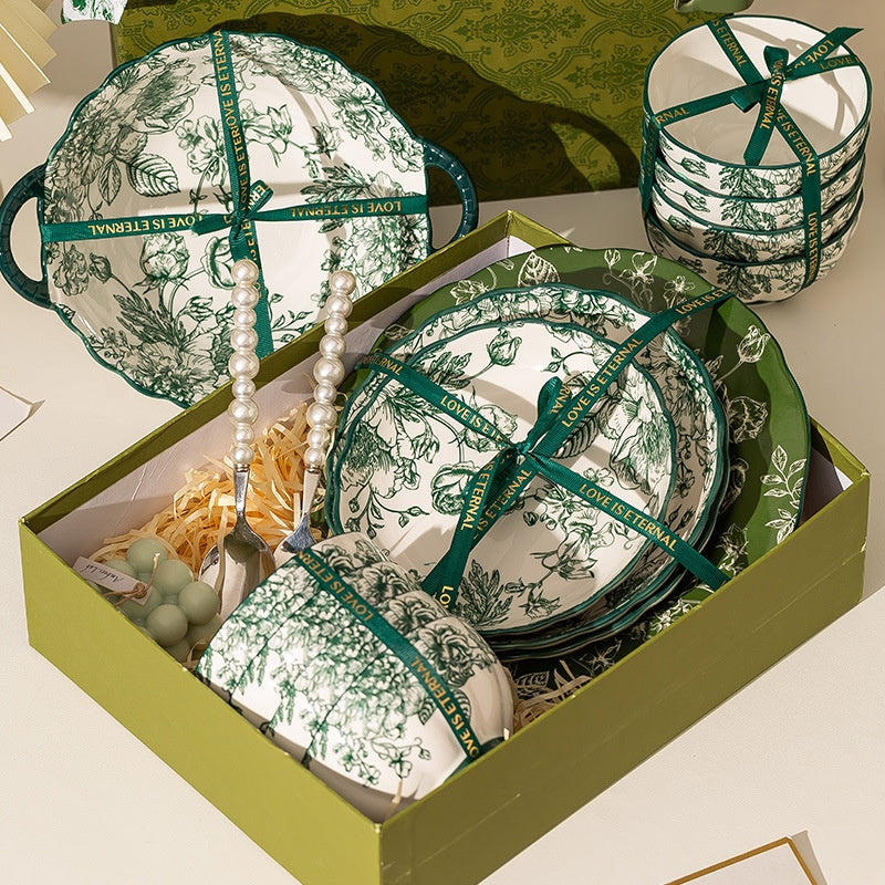 European-Style Porcelain Dinnerware Set with Rice Bowls & Plates - Rose Manor