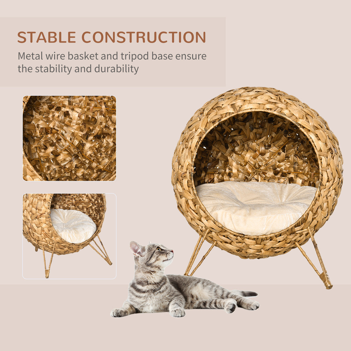 Natural Weaved Cat Bed - Elevated Hand-Woven Banana Leaf Condo with Cushion