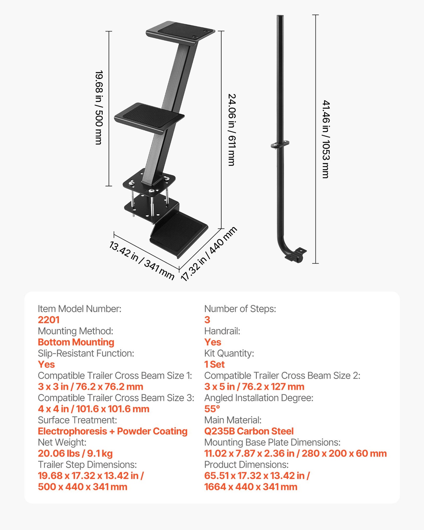 Heavy-Duty Boat Trailer Steps with Handle - Non-Slip Steel Ladder for 3x3, 3x5 & 4x4 Frames