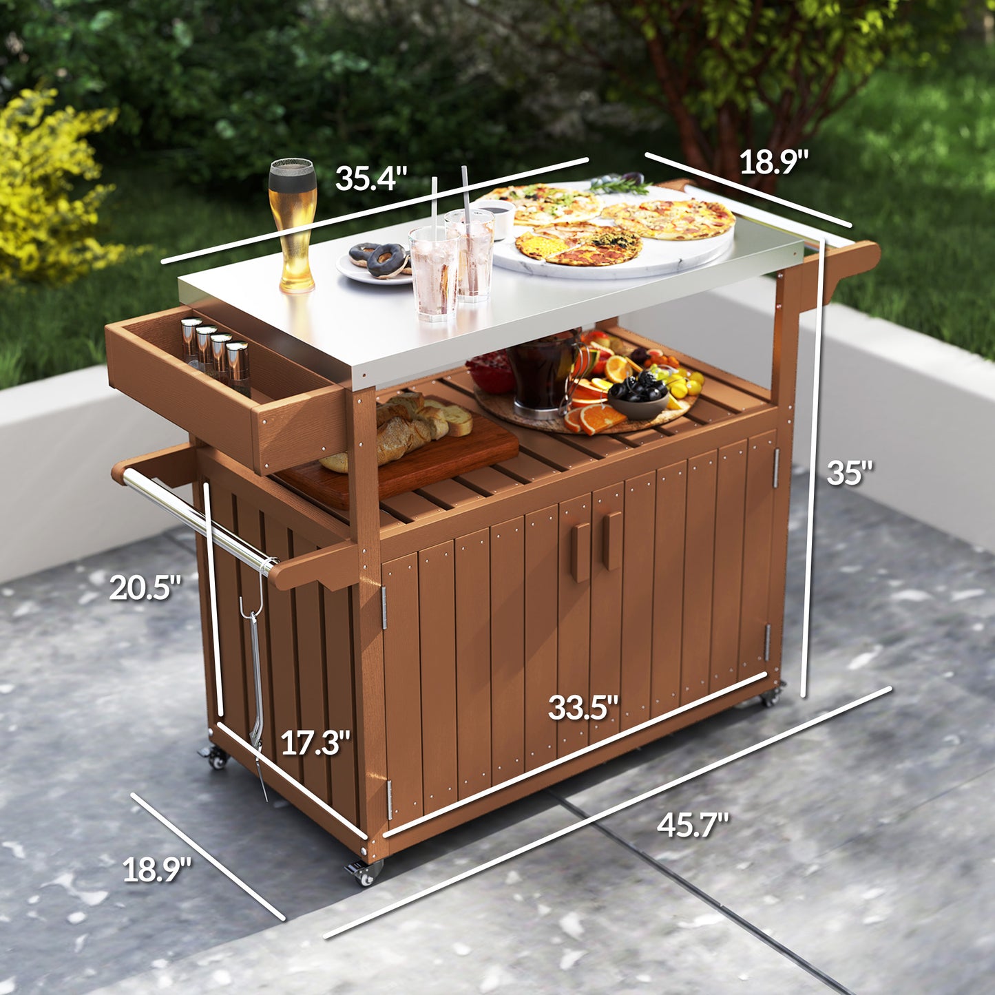 Outdoor Bar Cart with Stainless Steel Top & Storage - Brown