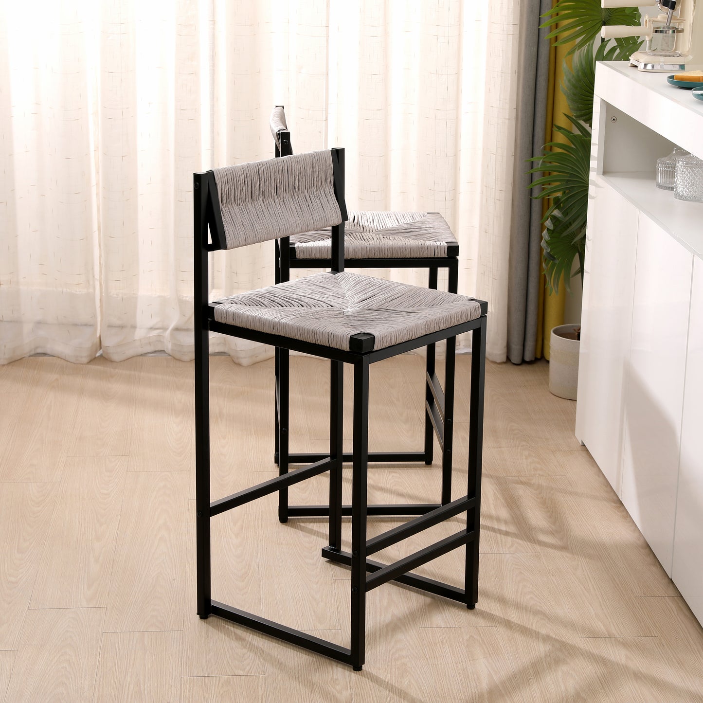 Set of 2 Gray Hand Woven Bar Stools with Back - Counter Height