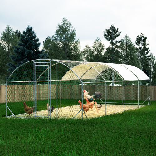 Large Metal Chicken Coop Walk-In Poultry Cage with Waterproof Cover - Silver