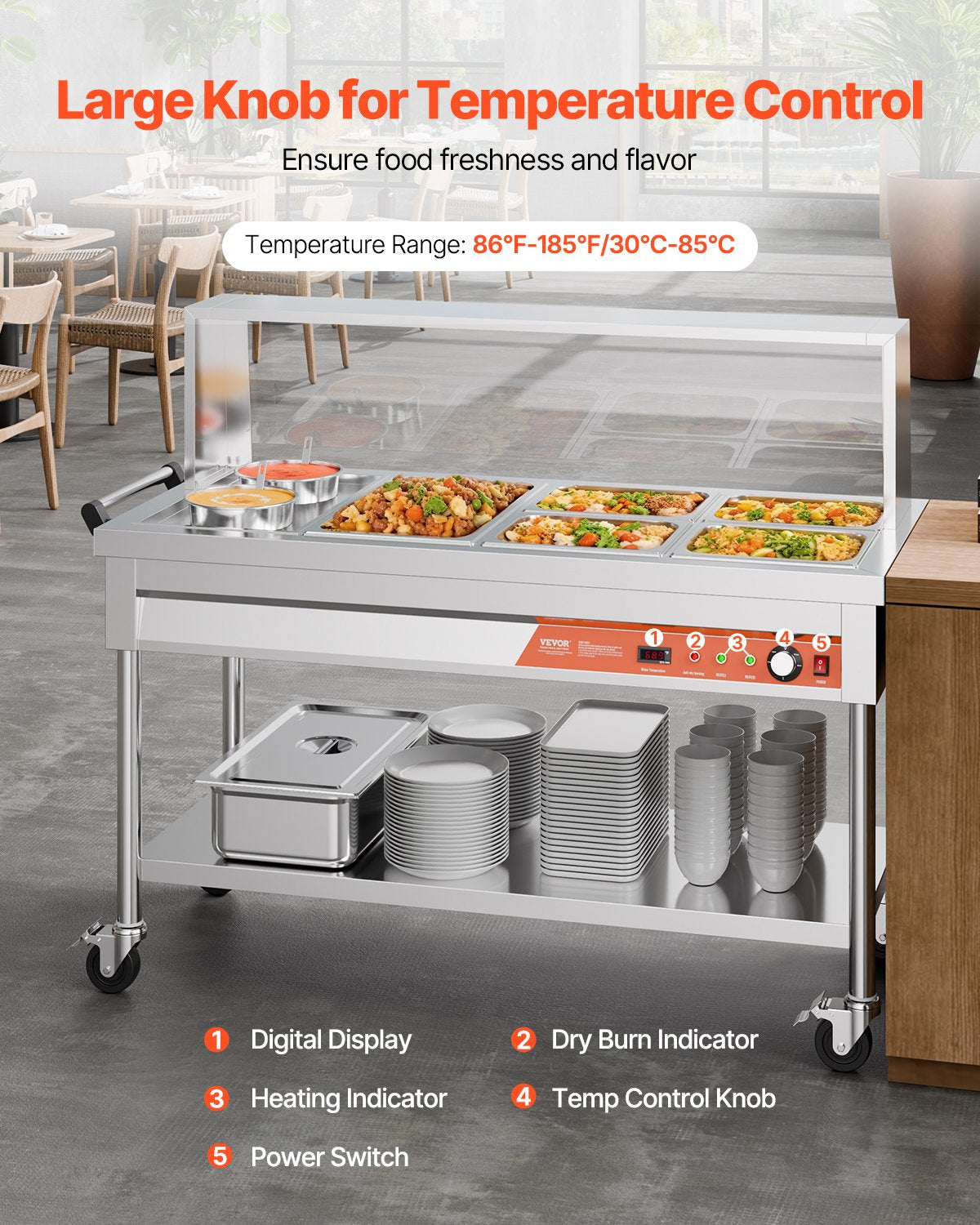 Commercial Food Warmer Steam Table with 5 Pans 2 Pots & Undershelf Shield - Silver