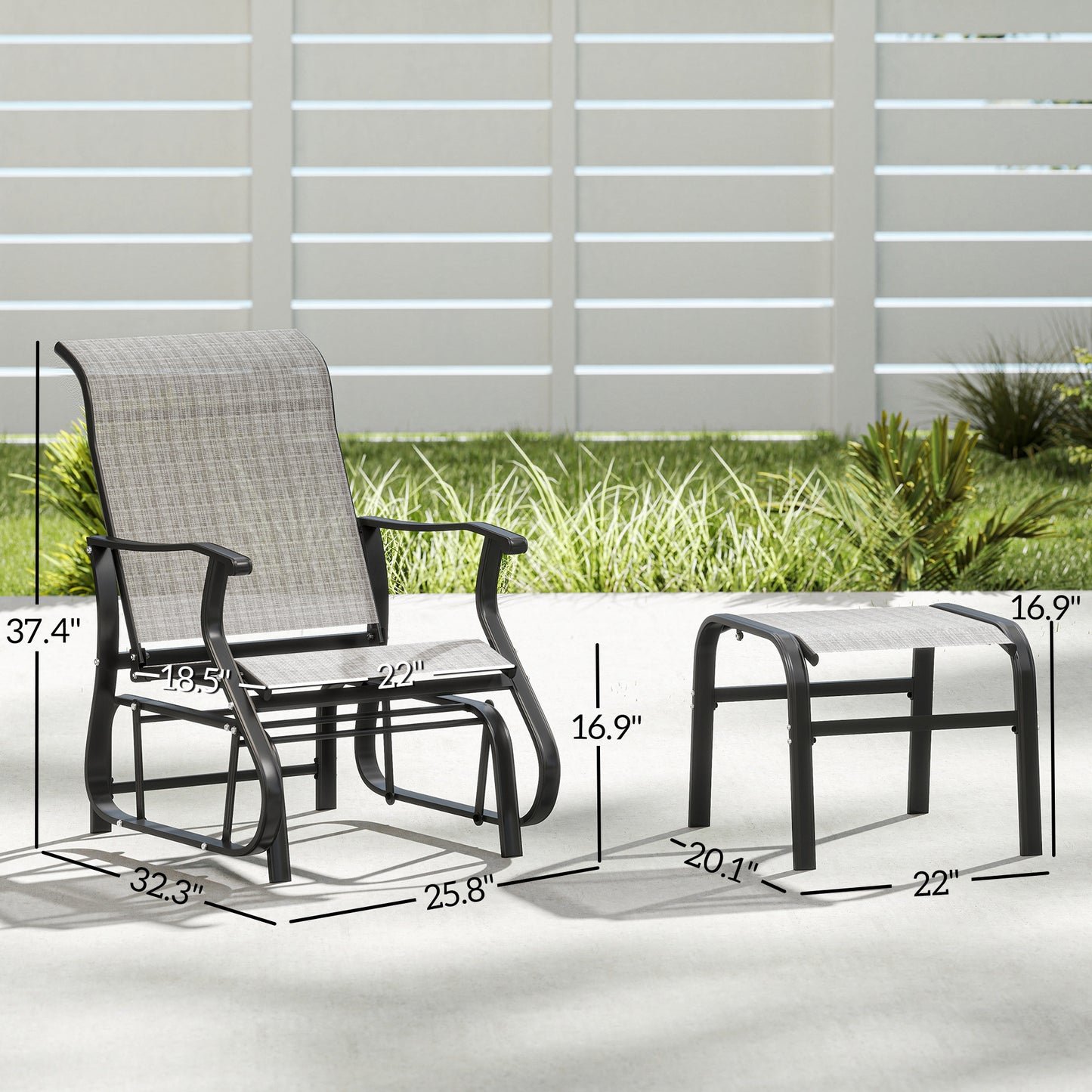 Outdoor Glider Chair Set with Ottoman - Gray, Breathable Mesh