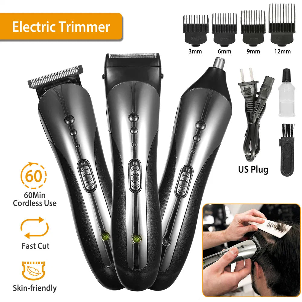 3-in-1 Men Electric Hair Clipper & Beard Trimmer Grooming Kit - Black
