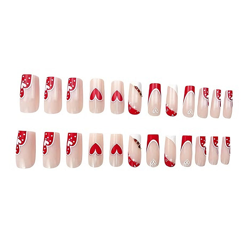 24-Piece Long Square Press-On Nails - Heart Design - Pink