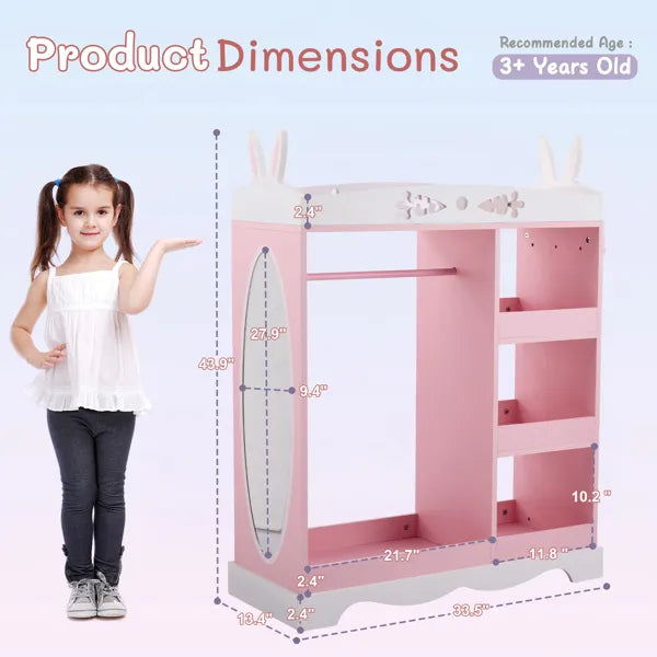 Pink MDF + Particleboard Children's Wardrobe With 1 Mirror, 3