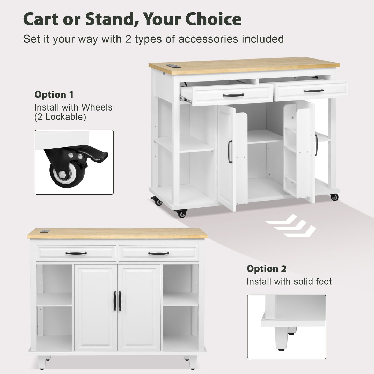 K&K 47 Inch Kitchen Island With Extendable Dining Table, Rubber Wood